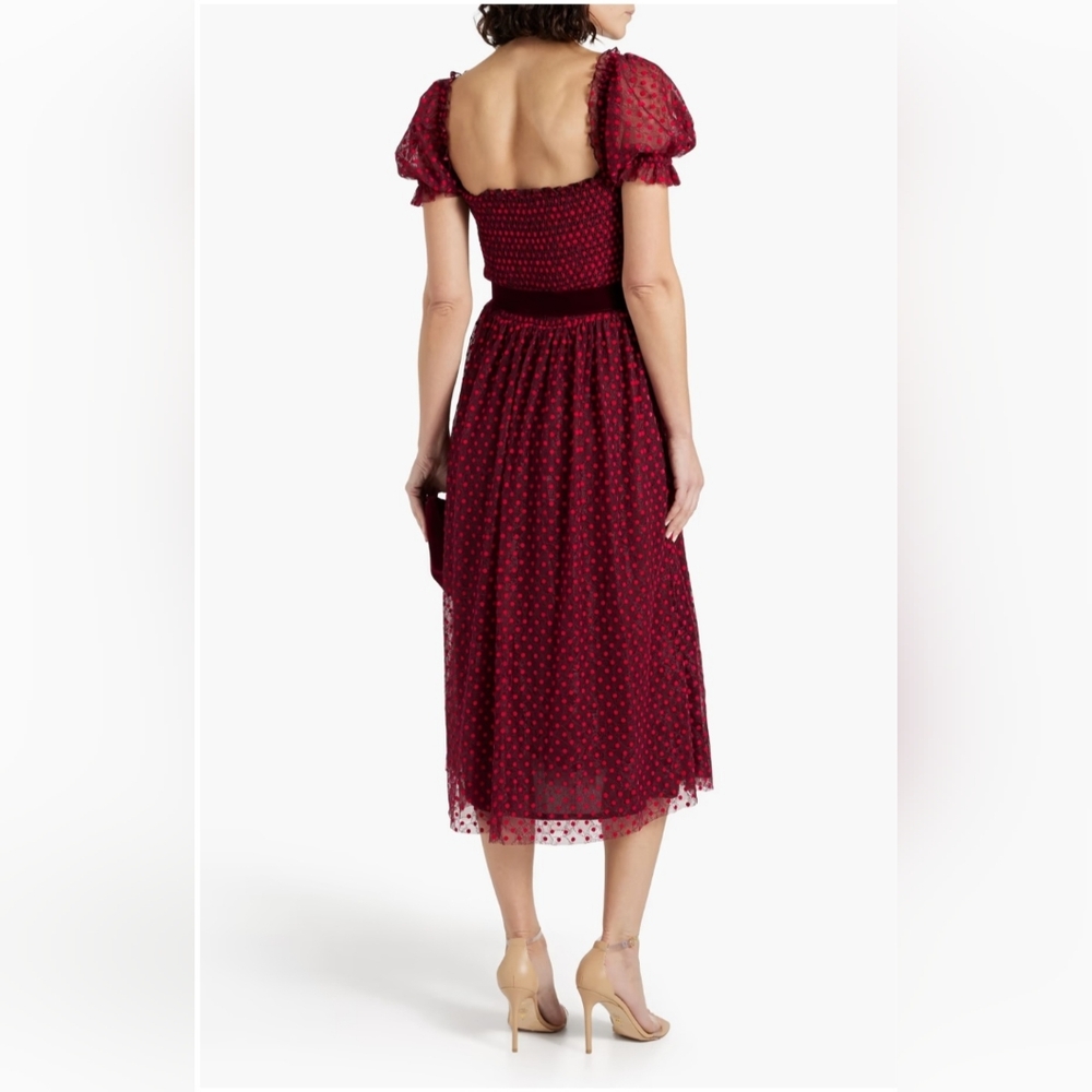 Red Flocked Polka Dot Midi Dress Velvet Belt Puff Sleeve Party Dress S - Picture 2 of 8